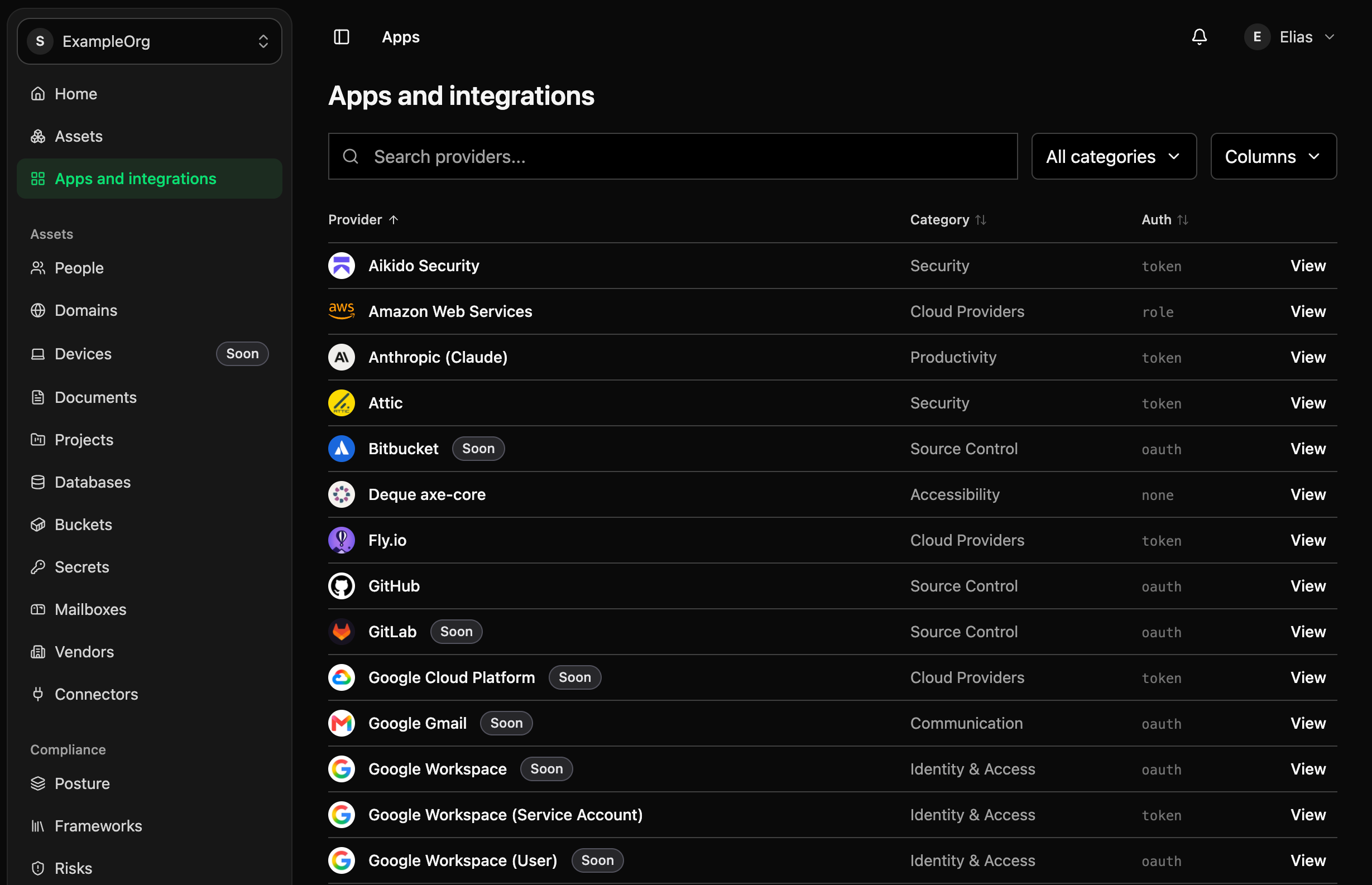The Apps page, listing providers with their category and authentication method.